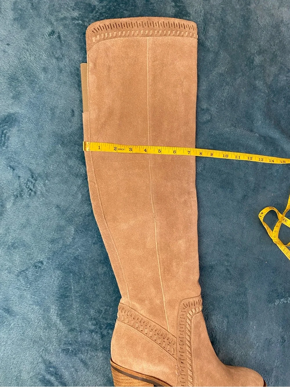 VINCE CAMUTO Tan Suede Leather Over-the-Knee 4” Heel Boots, 9, zipper, elastic